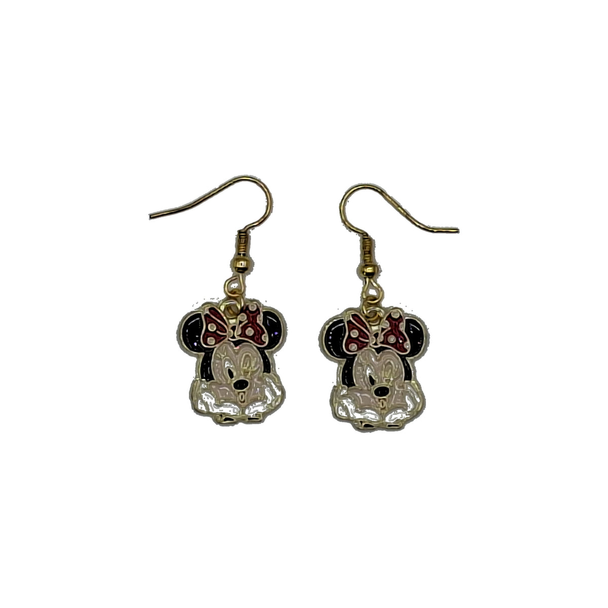 Boucles d’oreilles Minnie avec nœud rouge à pois sur fond blanc