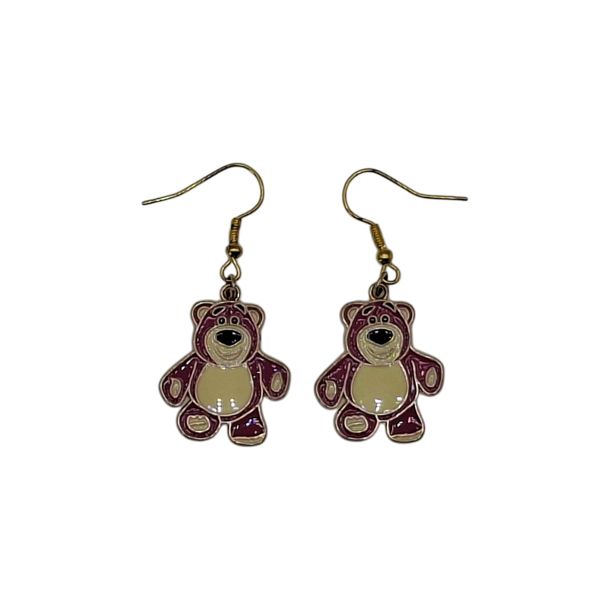 Boucles d’oreilles Lotso inspirées de Toy Story sur fond blanc