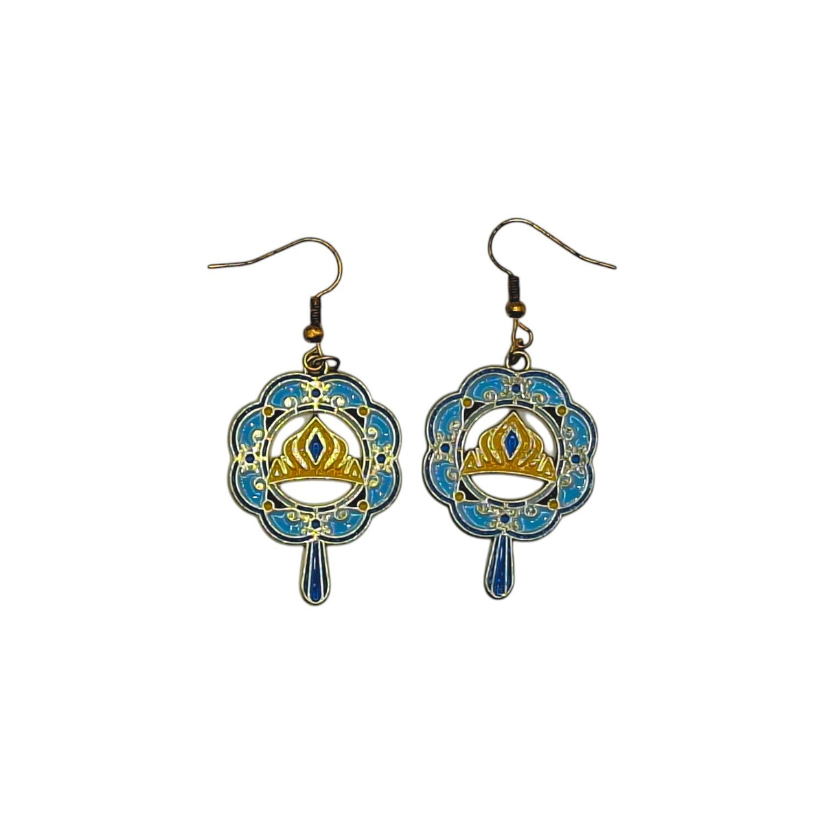 Boucles d’oreilles Jasmine inspirées d’Aladdin, miroir avec diadème bleu, sur fond blanc