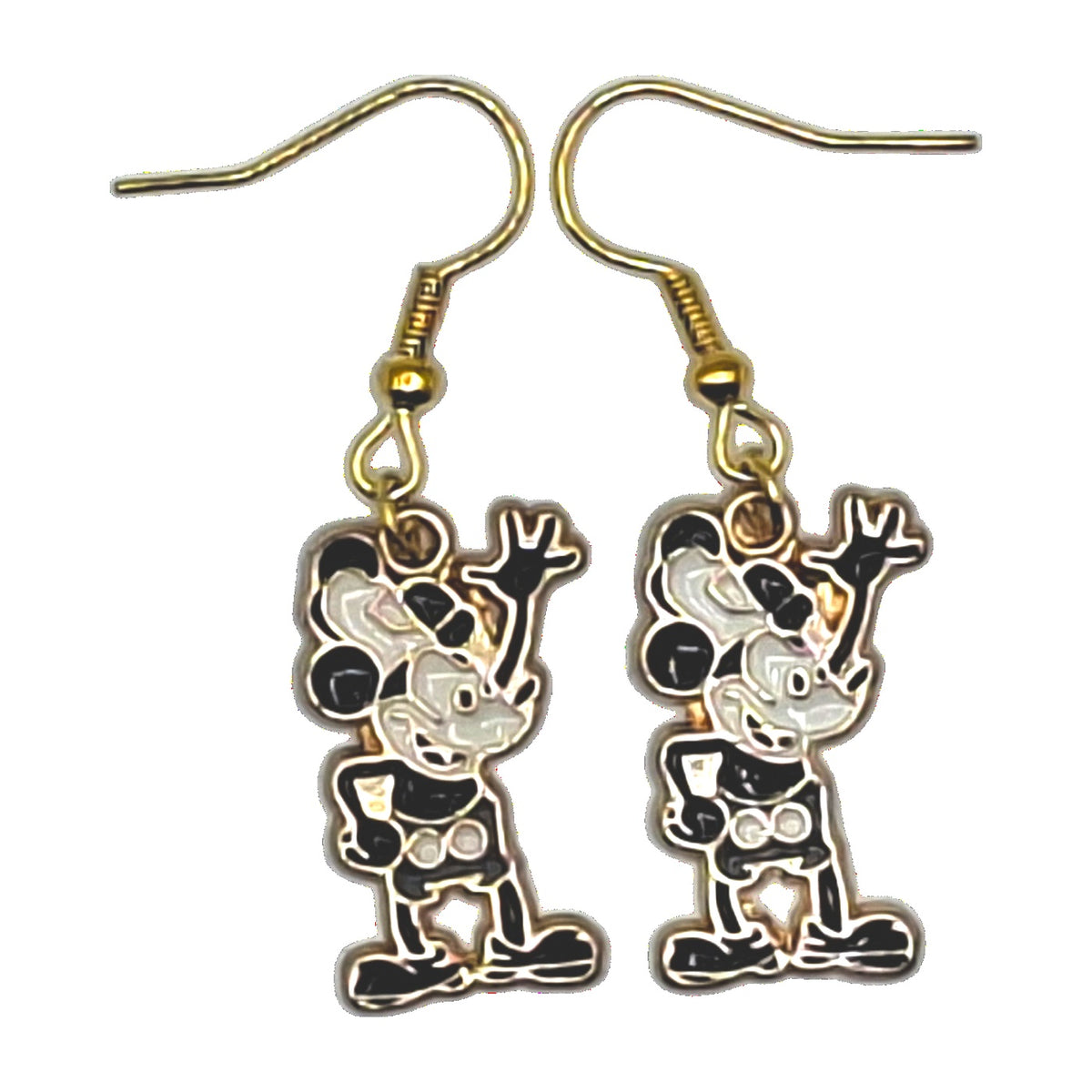 Clarabelle Cow earrings in a waving pose with gold-tone hooks on a white background