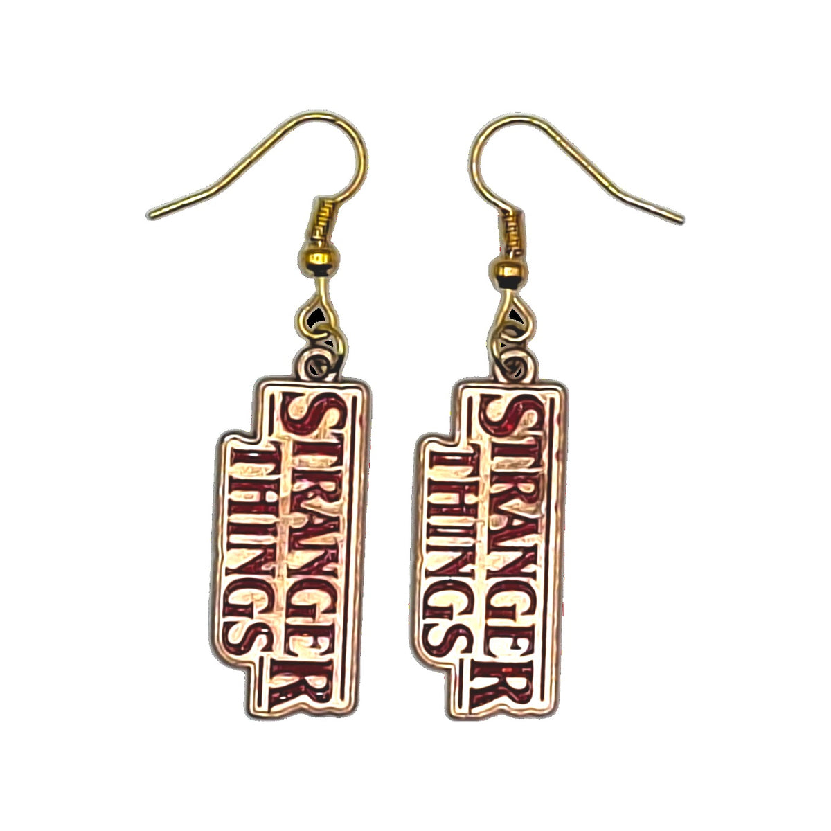 Stranger Things logo earrings in red and gold with gold-tone hooks on a white background