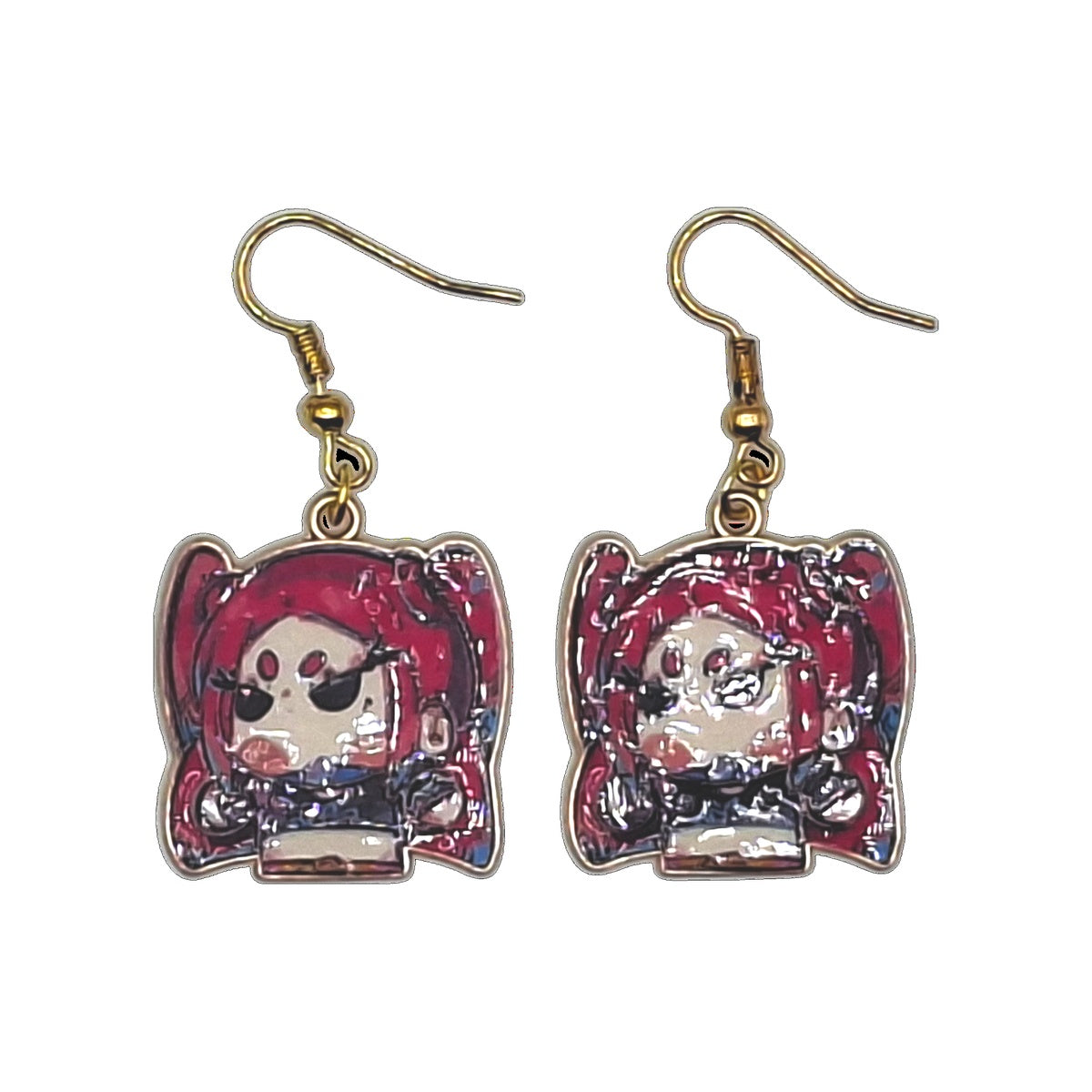 Circus Baby earrings inspired by Five Nights at Freddy’s, red pigtails and gold-tone hooks on a white background