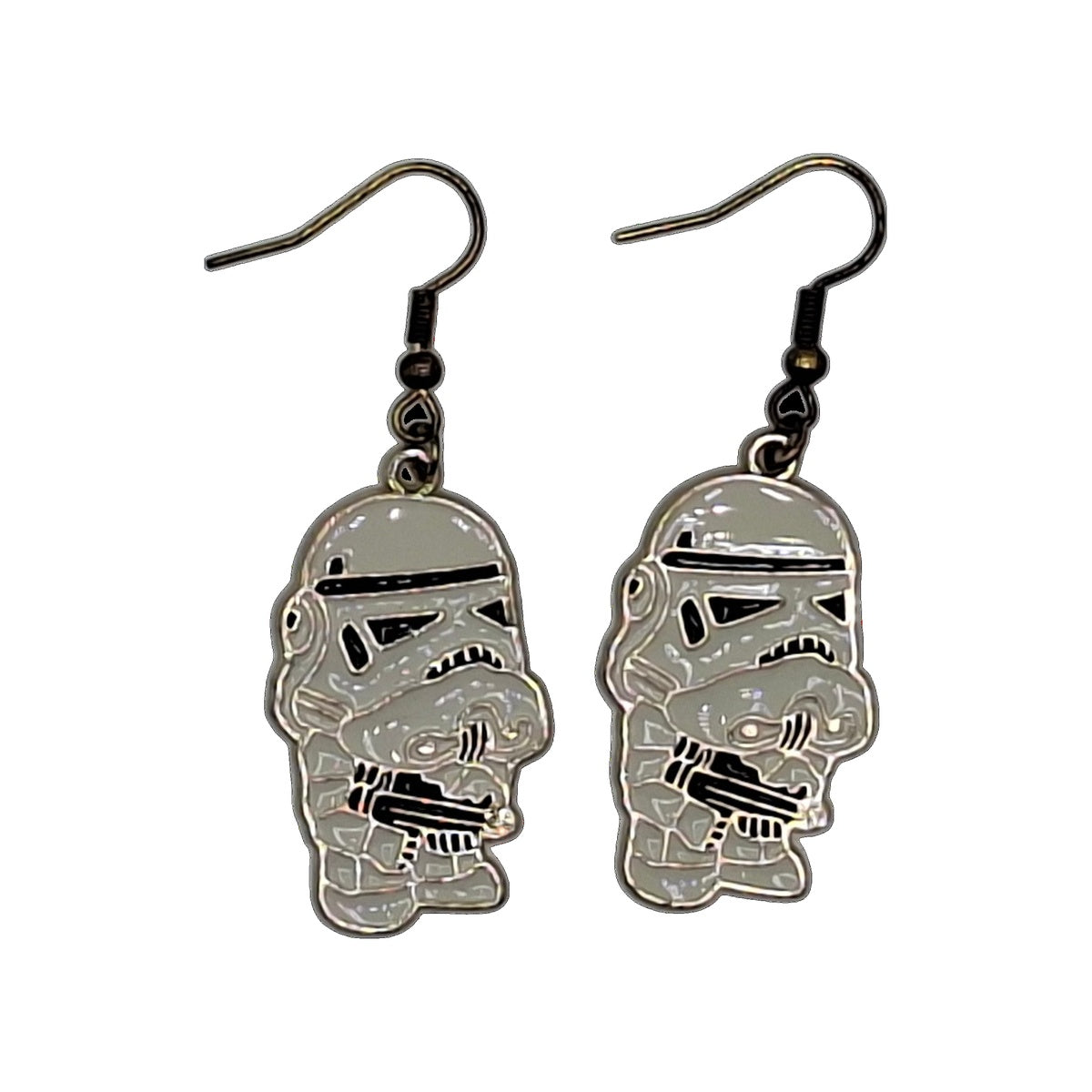 Chibi Stormtrooper earrings inspired by Star Wars with black hooks on a white background