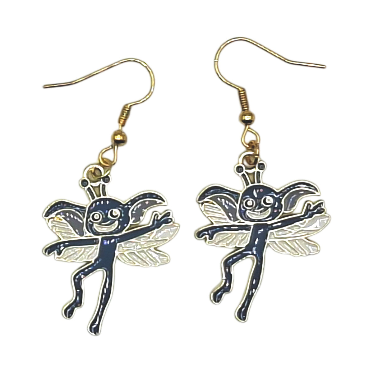 Cornish Pixie earrings inspired by Harry Potter, blue winged creature charms with gold-tone hooks on a white background