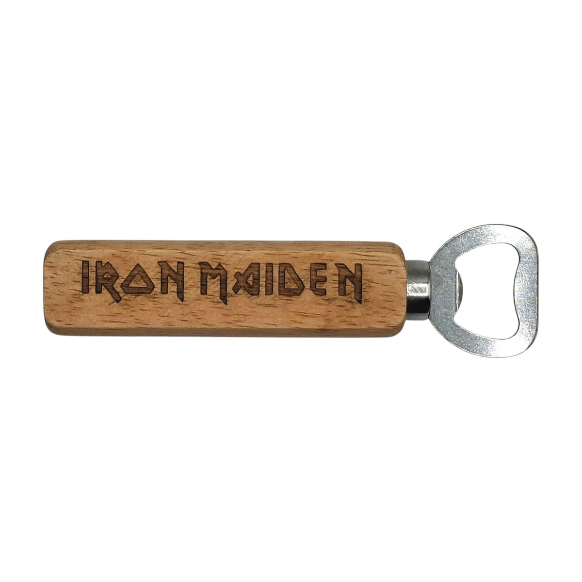 Décapsuleur en bois gravé inspiré d’Iron Maiden
