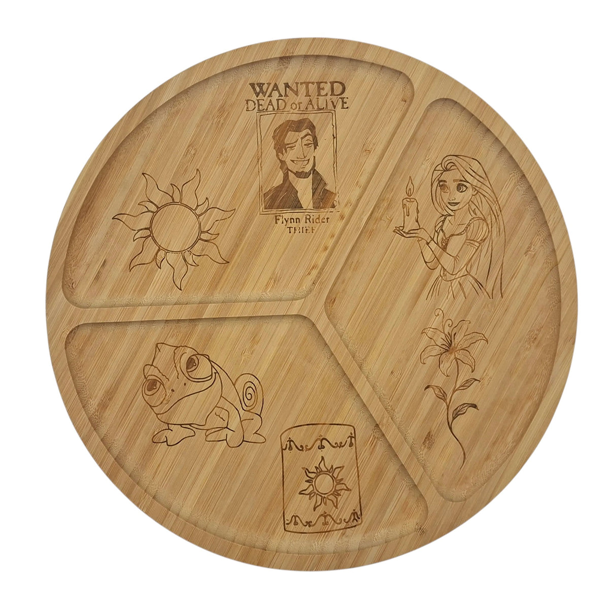 Plateau apéro rond en bois gravé inspiré de Raiponce avec Flynn Rider et Pascal
