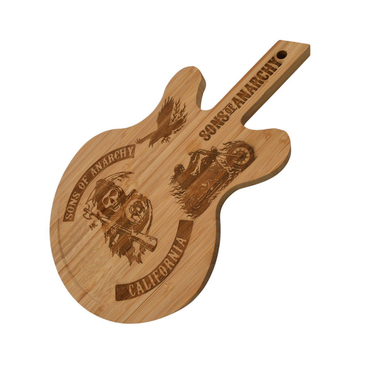 Plateau en bois en forme de guitare gravé inspiré de Sons of Anarchy