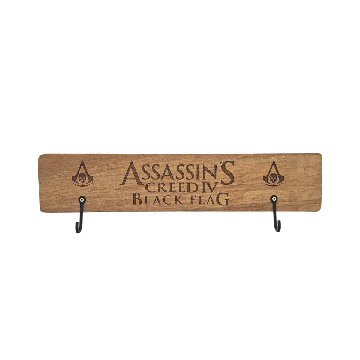 Porte-manteau mural en bois gravé – Assassin’s Creed Black Flag – 2 crochets – Created Artisan