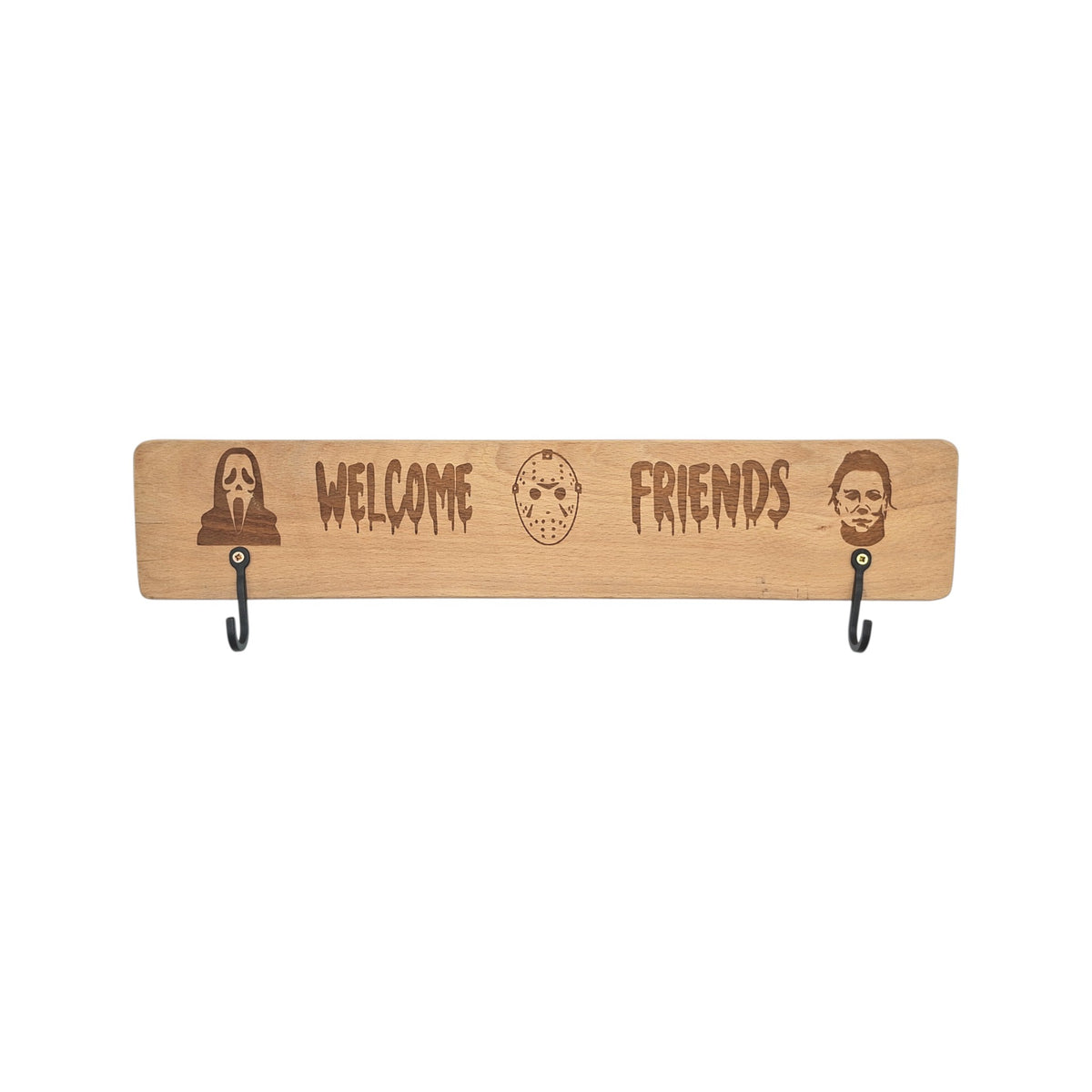 Porte-manteau mural en bois gravé – Horreur Welcome Friends – 2 crochets – Created Artisan