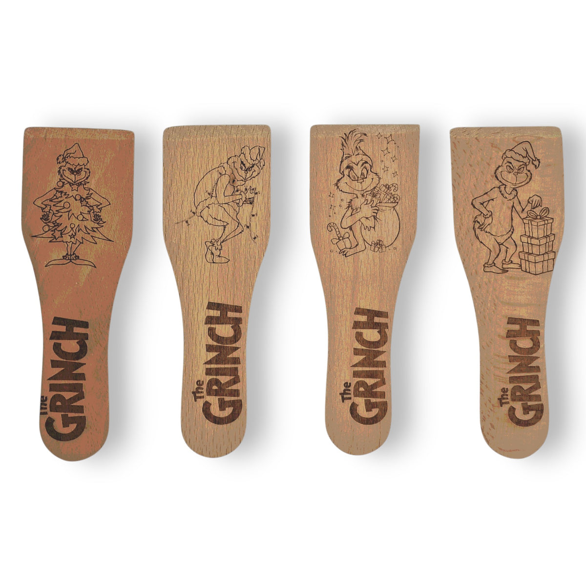 Racloirs à raclette en bois gravés inspirés du Grinch – modèles 1 à 4