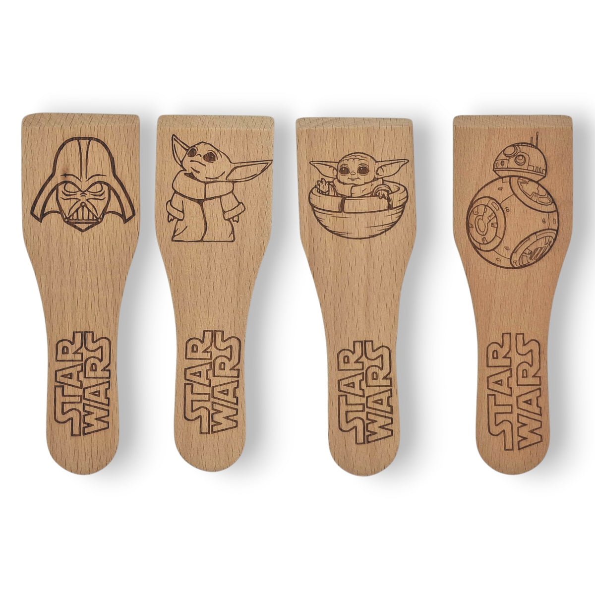 Racloirs à raclette en bois gravés inspirés de Star Wars – modèles 1 à 4