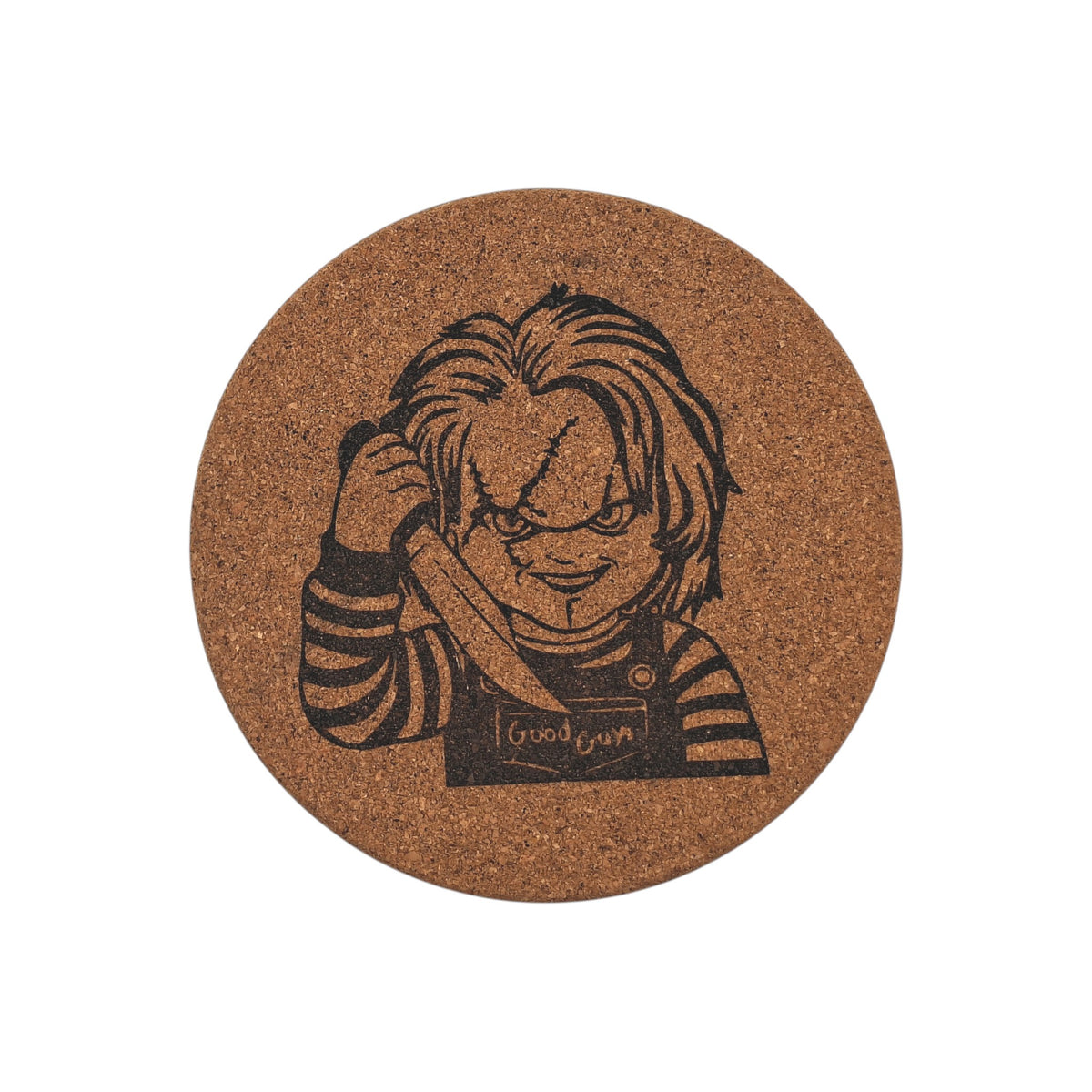 Sous-plat en liège gravé – Chucky – Portrait – Created Artisan