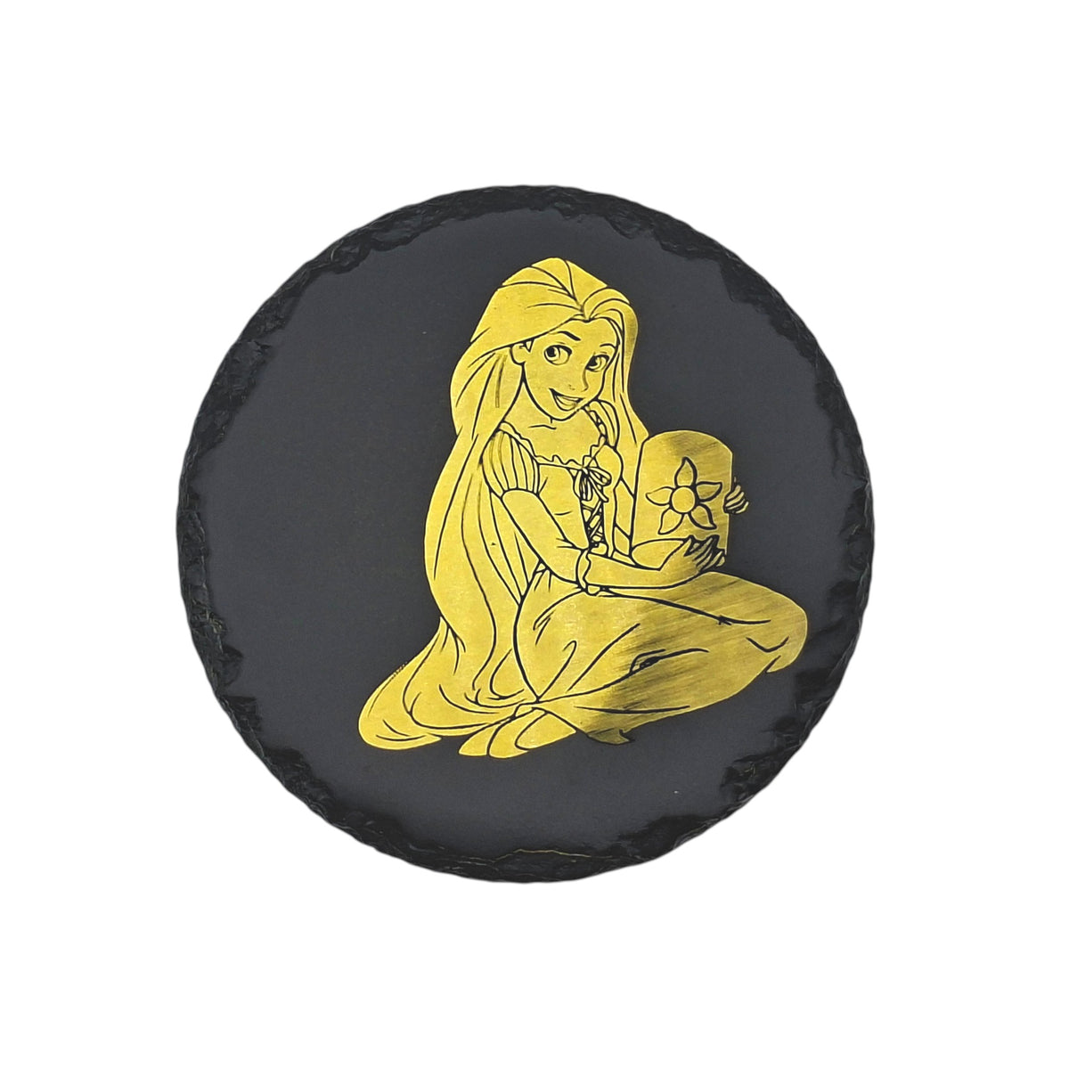 Sous-verre rond en ardoise couleur – Raiponce & Pascal