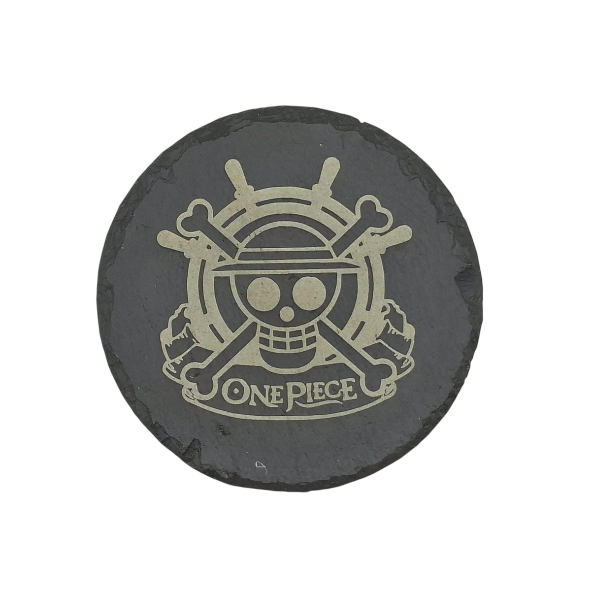 Sous-verre rond en ardoise gravée – One Piece – Jolly Roger