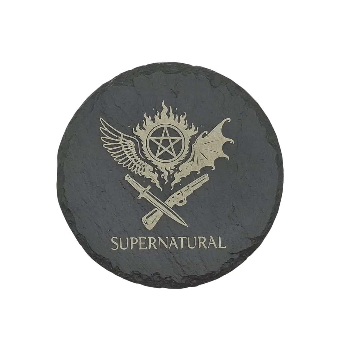 Sous-verre rond en ardoise gravée – Supernatural – Pentagramme anti-possession
