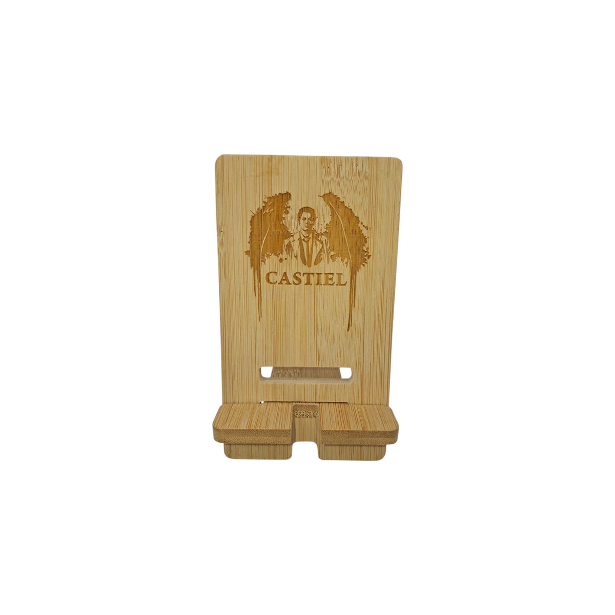 Support smartphone en bois gravé – Castiel – Supernatural – Created Artisan