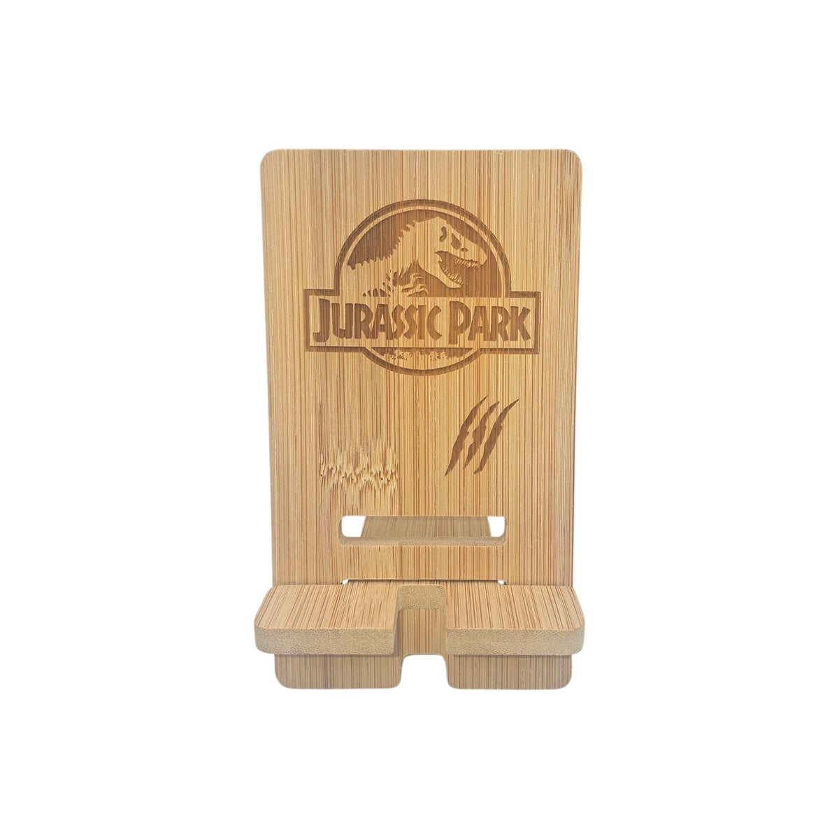 Support smartphone en bois gravé – Jurassic Park – Created Artisan