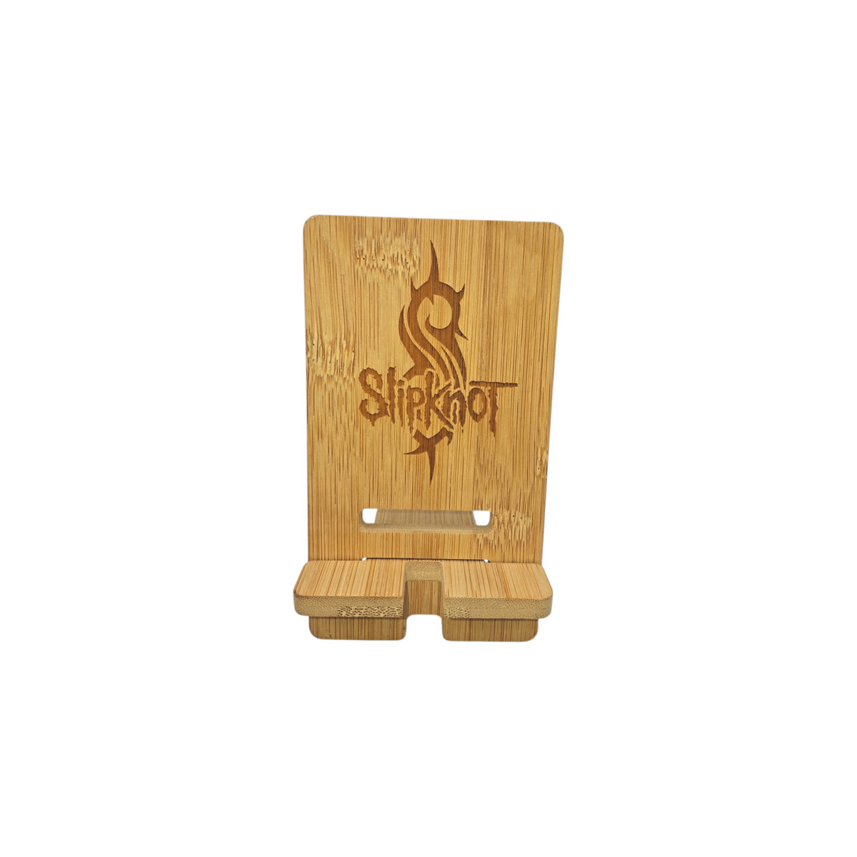 Support smartphone en bois gravé – Slipknot – Created Artisan