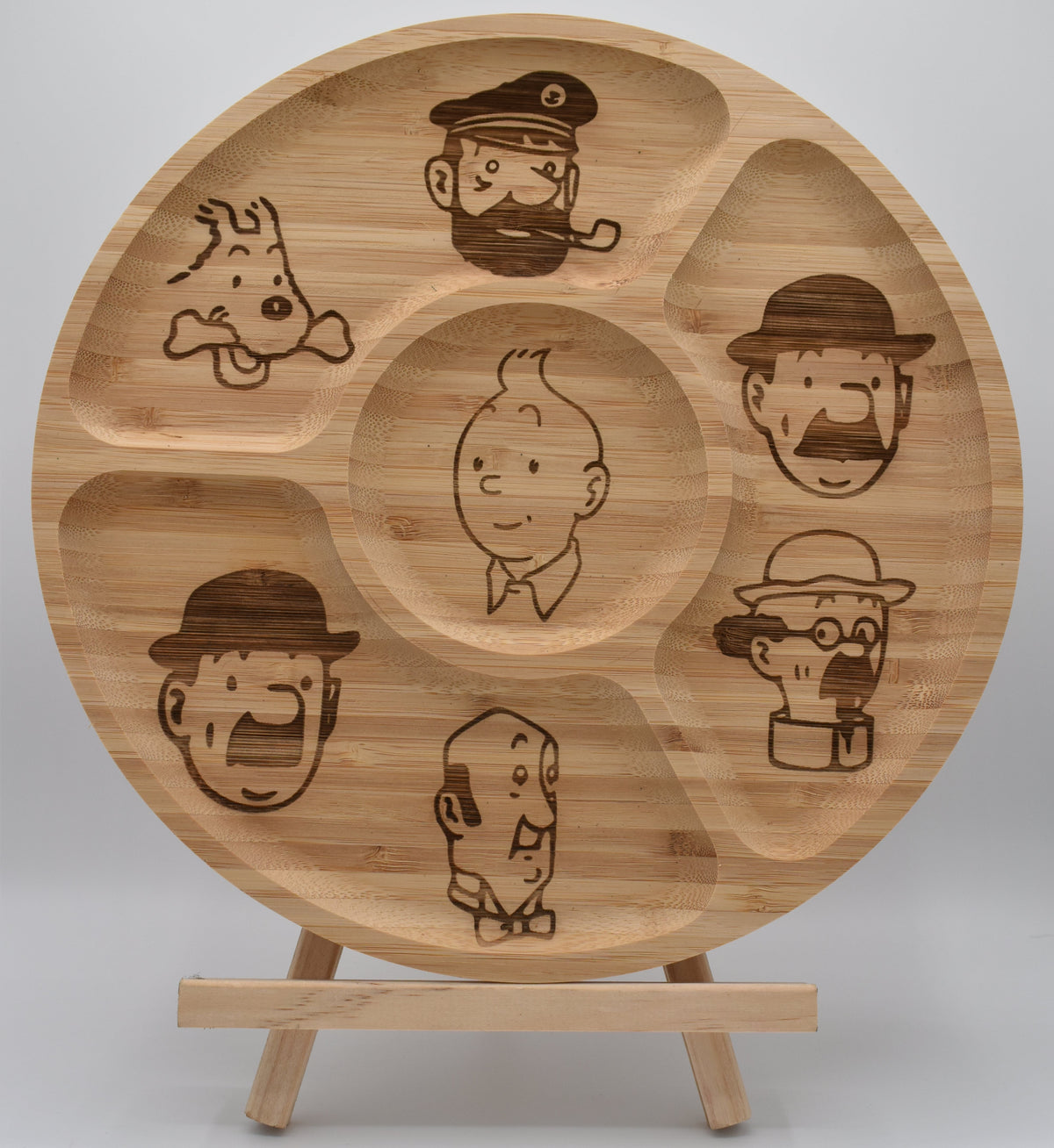 Plateau apéro en bois gravé Tintin – vue de face