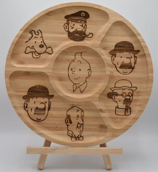 Plateau apéro en bois gravé Tintin – vue de face