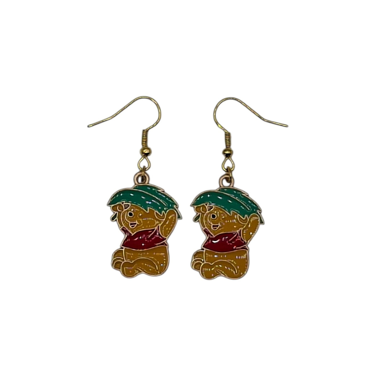 Boucles d’oreilles Winnie l’Ourson avec parapluie vert sur fond blanc