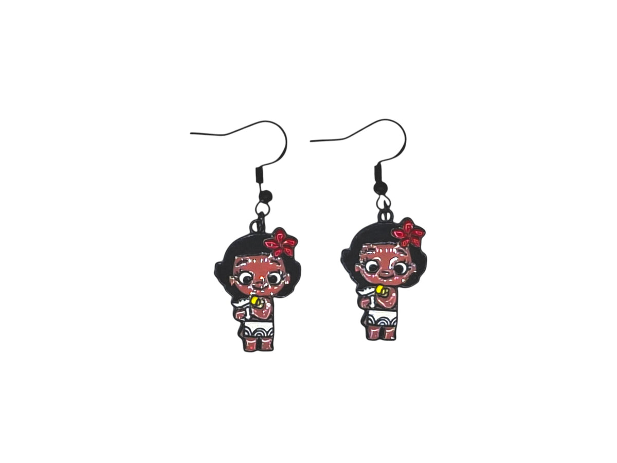 Boucles d’oreilles Vaiana chibi tropicale avec crochets noirs sur fond blanc