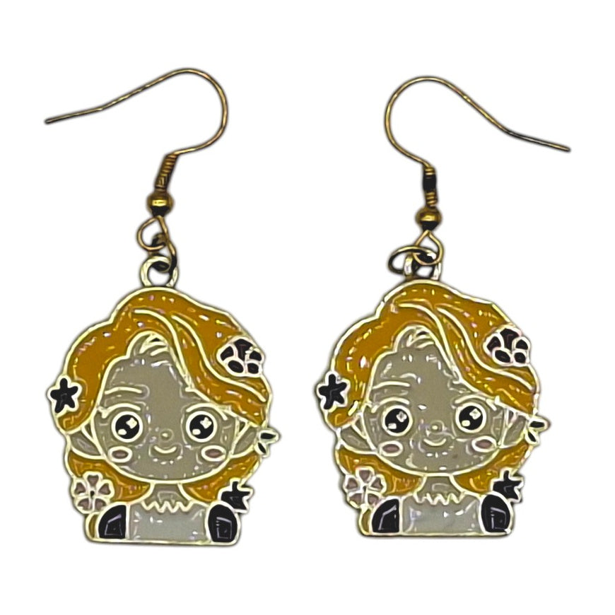 Boucles d’oreilles Raiponce aux longs cheveux fleuris sur fond blanc