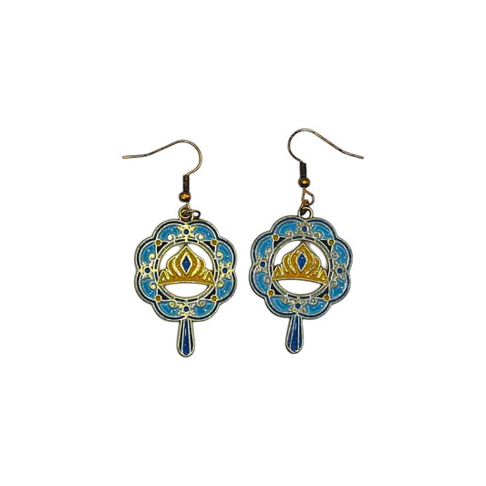 Boucles d’oreilles Jasmine inspirées d’Aladdin, miroir avec diadème bleu, sur fond blanc