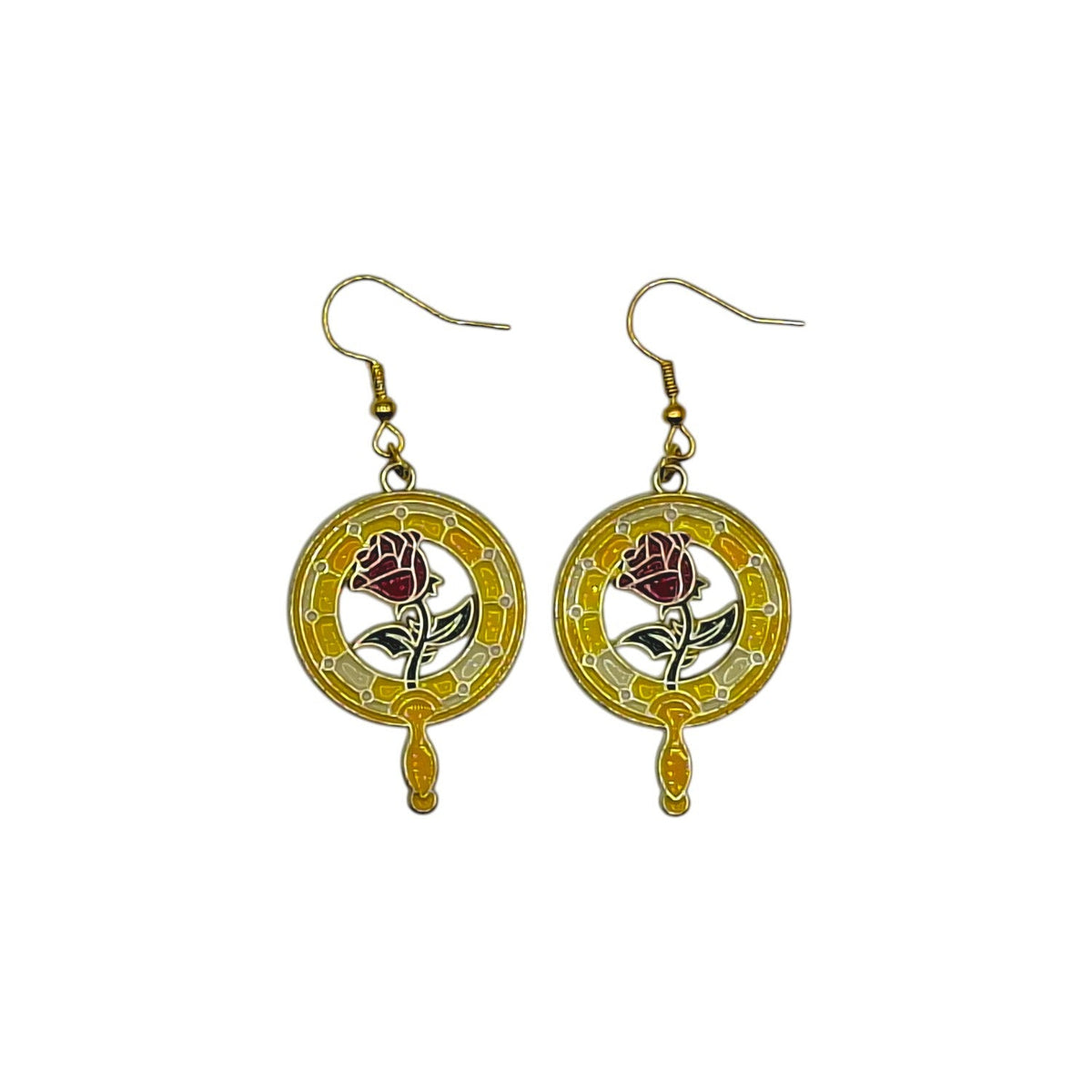 Boucles d’oreilles Belle inspirées de La Belle et la Bête, miroir avec rose enchantée, sur fond blanc