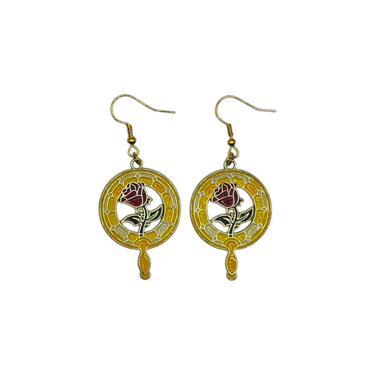Boucles d’oreilles Belle inspirées de La Belle et la Bête, miroir avec rose enchantée, sur fond blanc