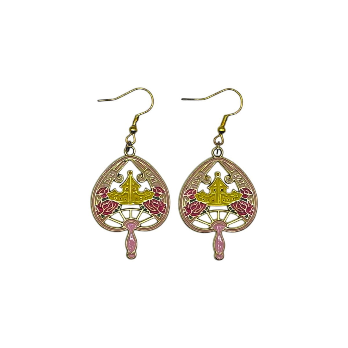 Boucles d’oreilles Aurore inspirées de La Belle au bois dormant, miroir avec diadème fleuri, sur fond blanc