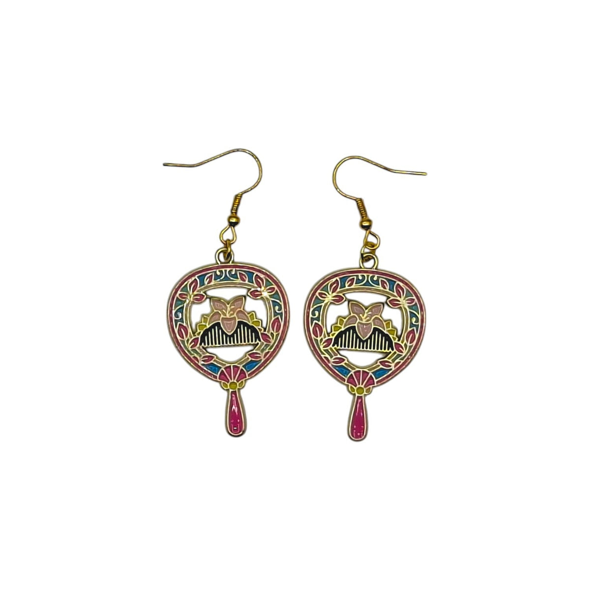 Boucles d’oreilles Mulan, miroir avec peigne noir et fleur rose, sur fond blanc