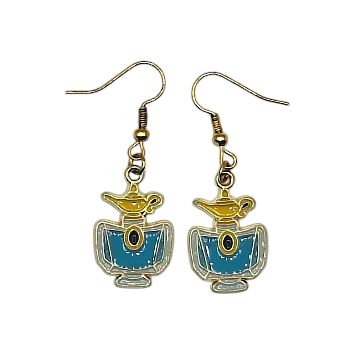 Boucles d’oreilles Jasmine inspirées d’Aladdin, flacon bleu avec lampe magique, sur fond blanc