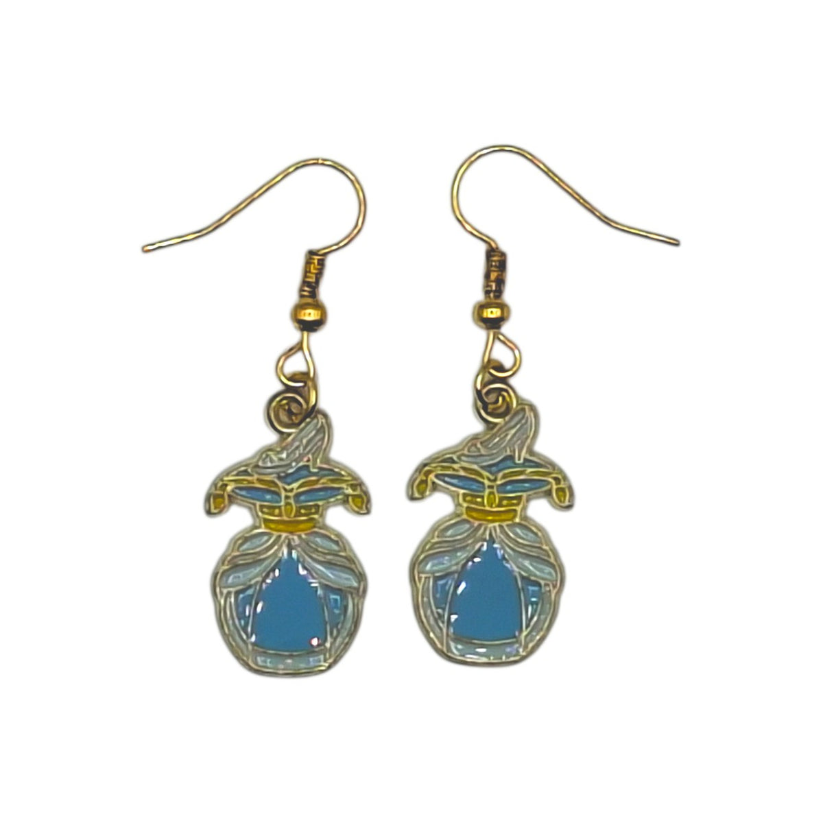 Boucles d’oreilles Cendrillon, flacon bleu et argenté inspiré du conte, sur fond blanc
