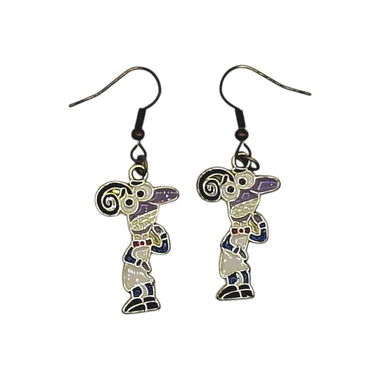 Boucles d’oreilles Peur inspirées de Vice-Versa, personnage violet aux crochets noirs, sur fond blanc