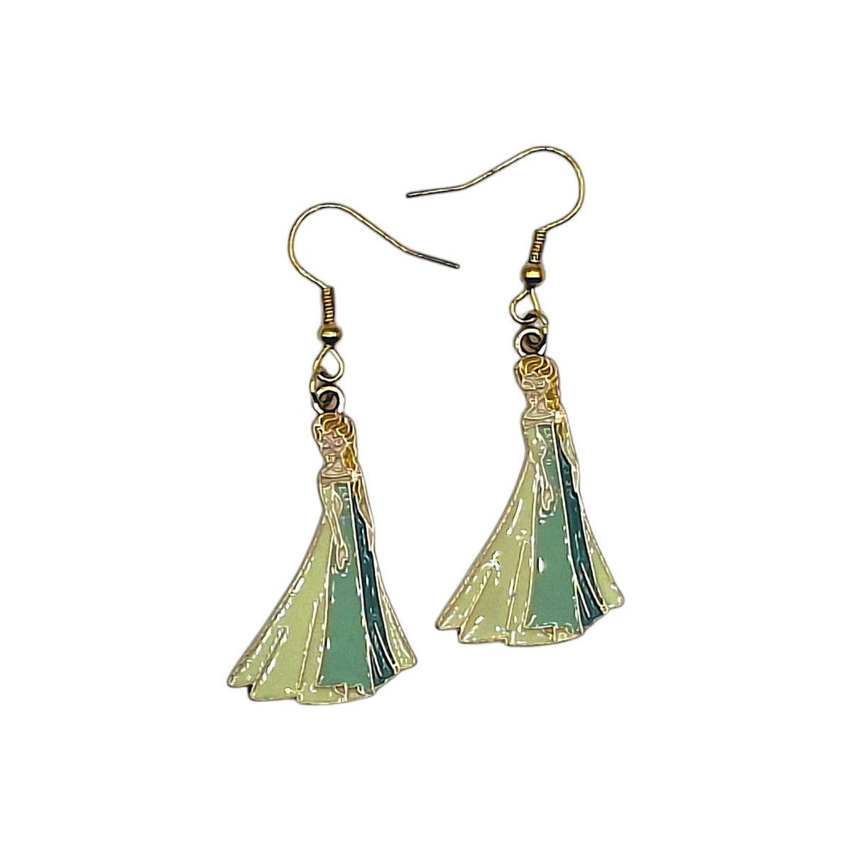 Boucles d’oreilles Elsa inspirées de La Reine des Neiges, robe glacée bleu-vert, sur fond blanc