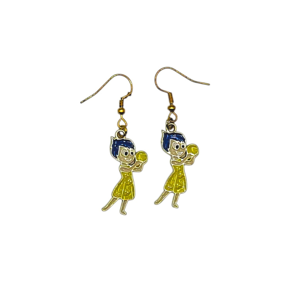 Boucles d’oreilles Joie inspirées de Vice-Versa, personnage jaune aux cheveux bleus, sur fond blanc