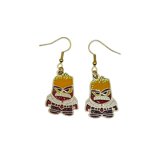 Boucles d’oreilles Colère inspirées de Vice-Versa, personnage rouge en chemise blanche, sur fond blanc