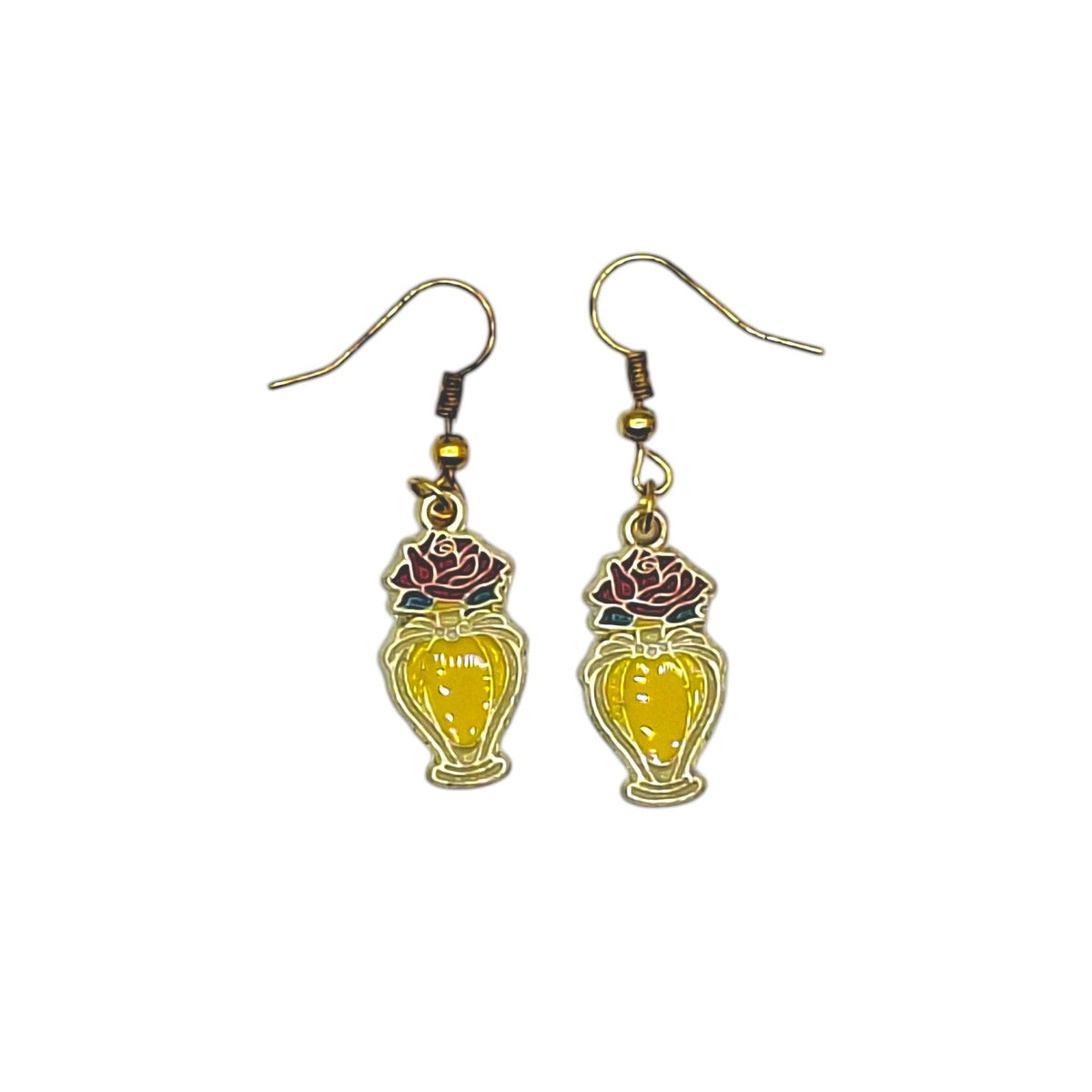 Boucles d’oreilles Belle, flacon doré surmonté d’une rose enchantée rouge, sur fond blanc