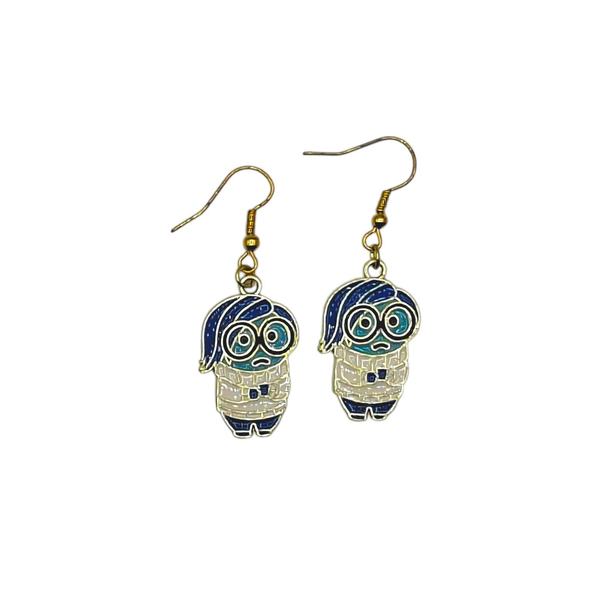 Boucles d’oreilles Tristesse inspirées de Vice-Versa, personnage bleu avec lunettes rondes, sur fond blanc