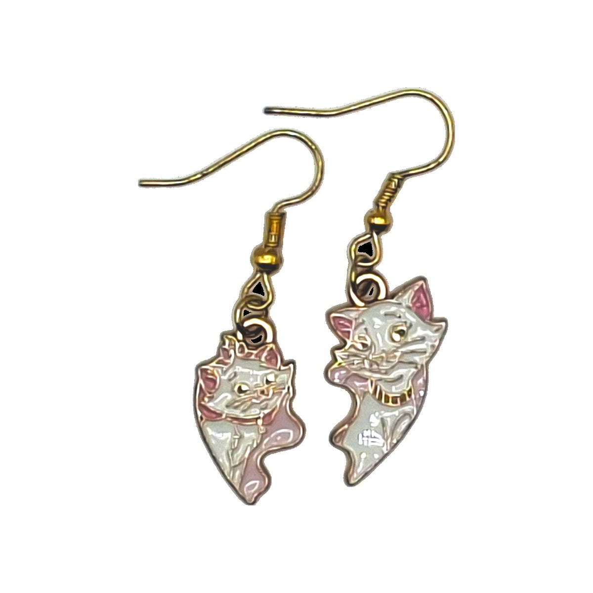 Marie and Duchess earrings inspired by The Aristocats, coordinated duo with gold-tone hooks on a white background