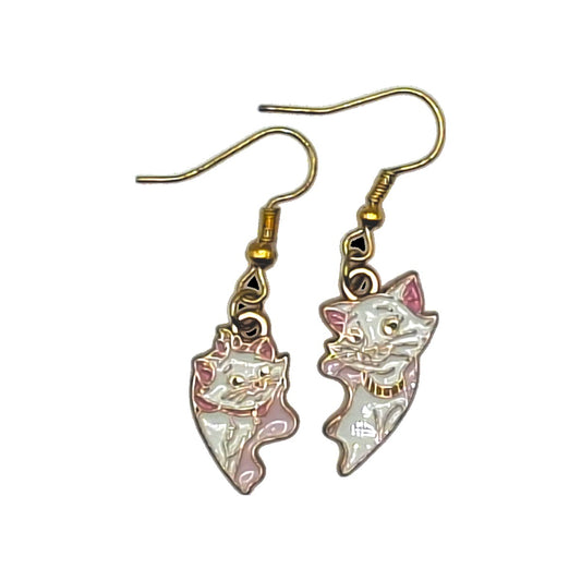 Marie and Duchess earrings inspired by The Aristocats, coordinated duo with gold-tone hooks on a white background