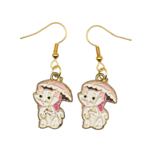 Boucles d’oreilles Marie sous parapluie rose – Les Aristochats – crochets dorés – Created Artisan