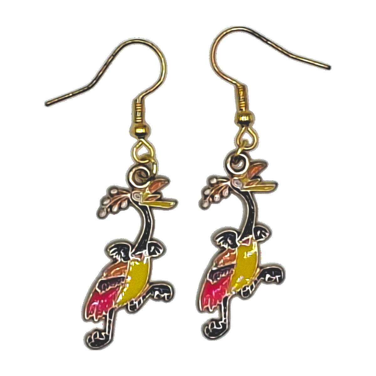 Aracuan Bird earrings inspired by The Three Caballeros, colorful charms with gold-tone hooks on a white background