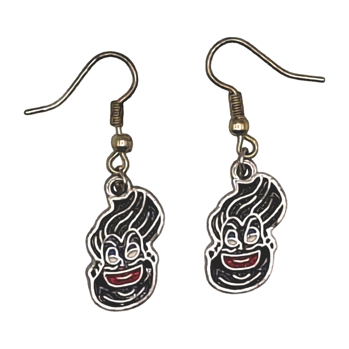 Ursula earrings inspired by The Little Mermaid, black and purple portrait charms with silver-tone hooks on a white background