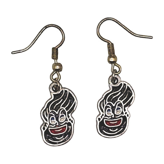 Ursula earrings inspired by The Little Mermaid, black and purple portrait charms with silver-tone hooks on a white background