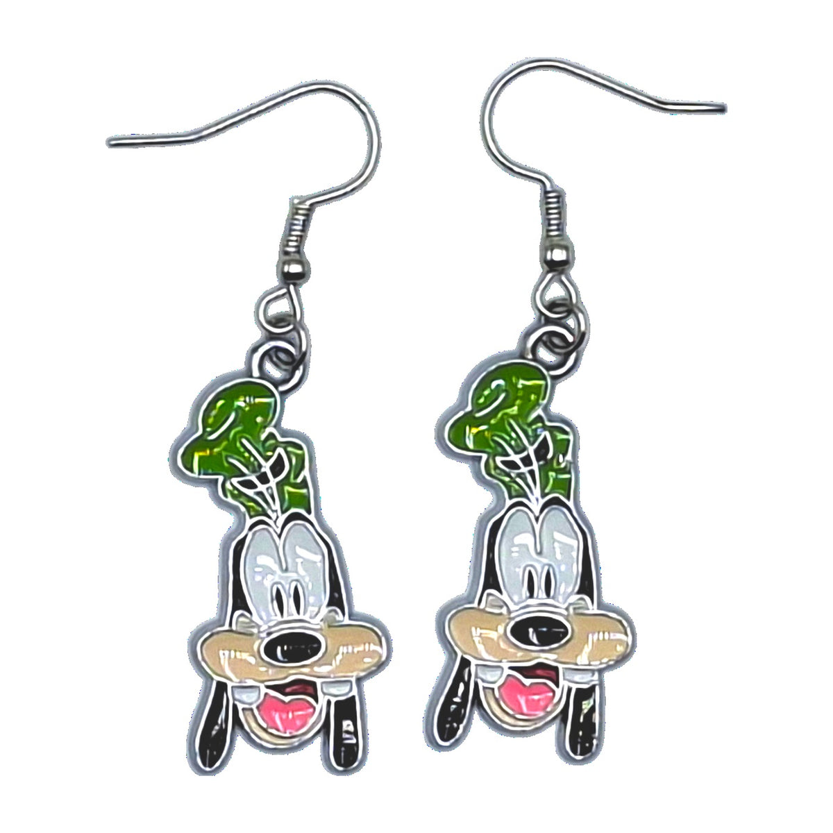 Goofy earrings with green hat portrait and silver-tone hooks on a white background