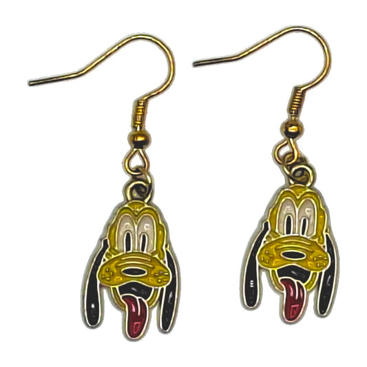 Pluto earrings with yellow portrait charms, red tongue and gold-tone hooks on a white background