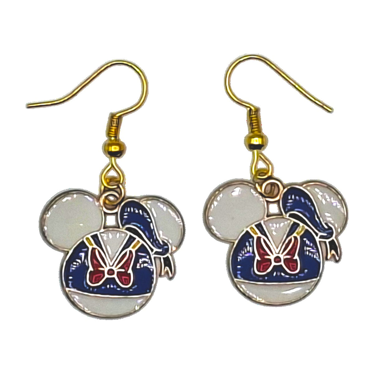 Donald Duck earrings with sailor outfit in a Mickey silhouette and gold-tone hooks on a white background