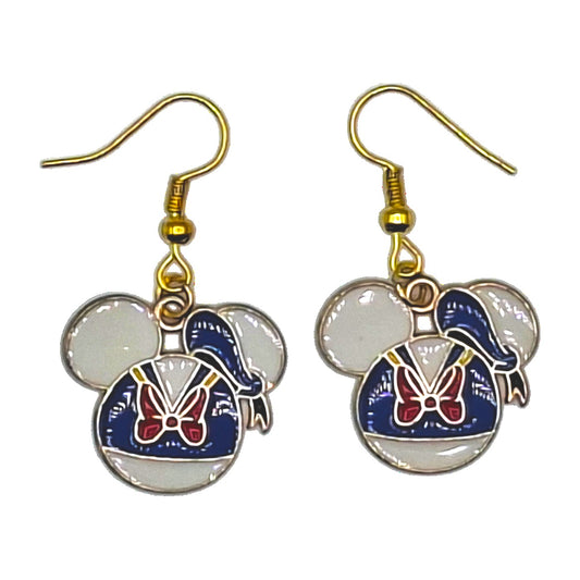 Donald Duck earrings with sailor outfit in a Mickey silhouette and gold-tone hooks on a white background